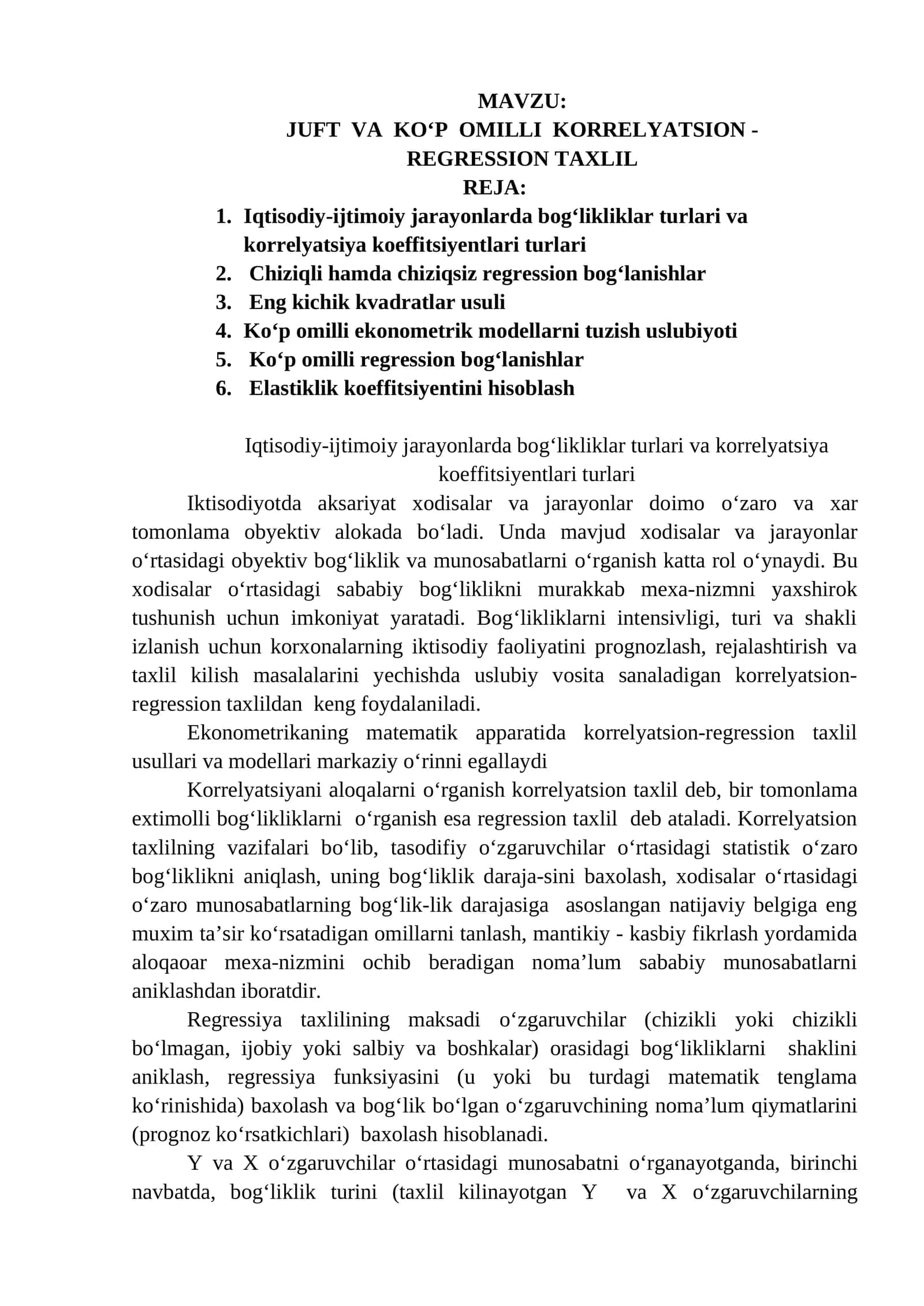 Juft va Ko‘p Omilli Korrelyatsion - Regression Taxlil