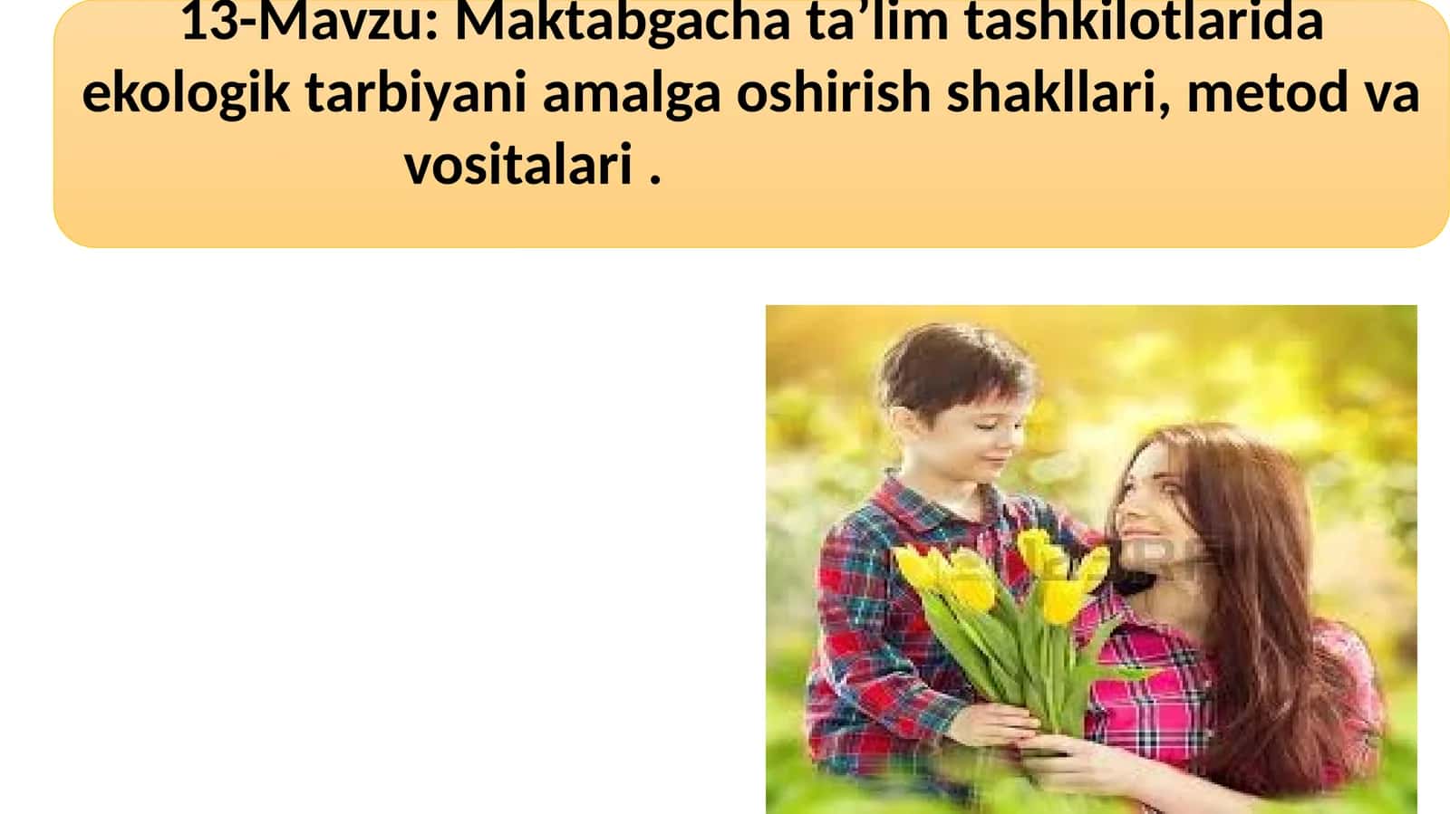 13-Mavzu: Maktabgacha ta’lim tashkilotlarida ekologik tarbiyani amalga oshirish shakllari, metod va vositalari