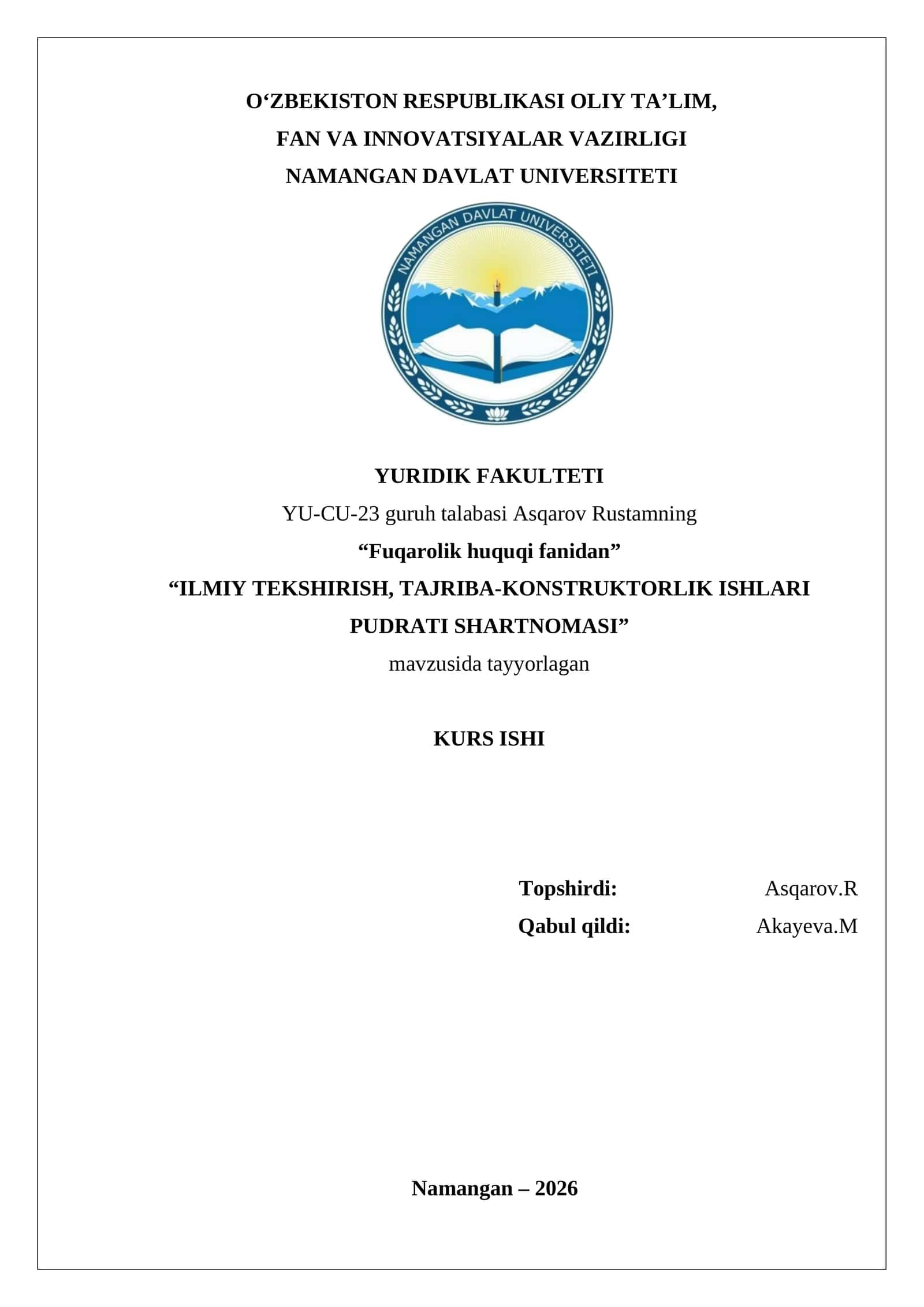 “ILMIY TEKSHIRISH, TAJRIBA-KONSTRUKTORLIK ISHLARI PUDRATI SHARTNOMASI”