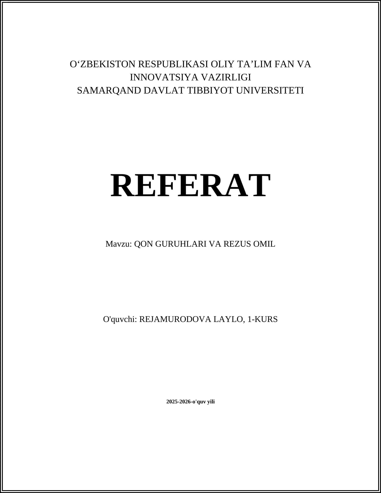 Qon Guruhlari va Rezus Omil Referat