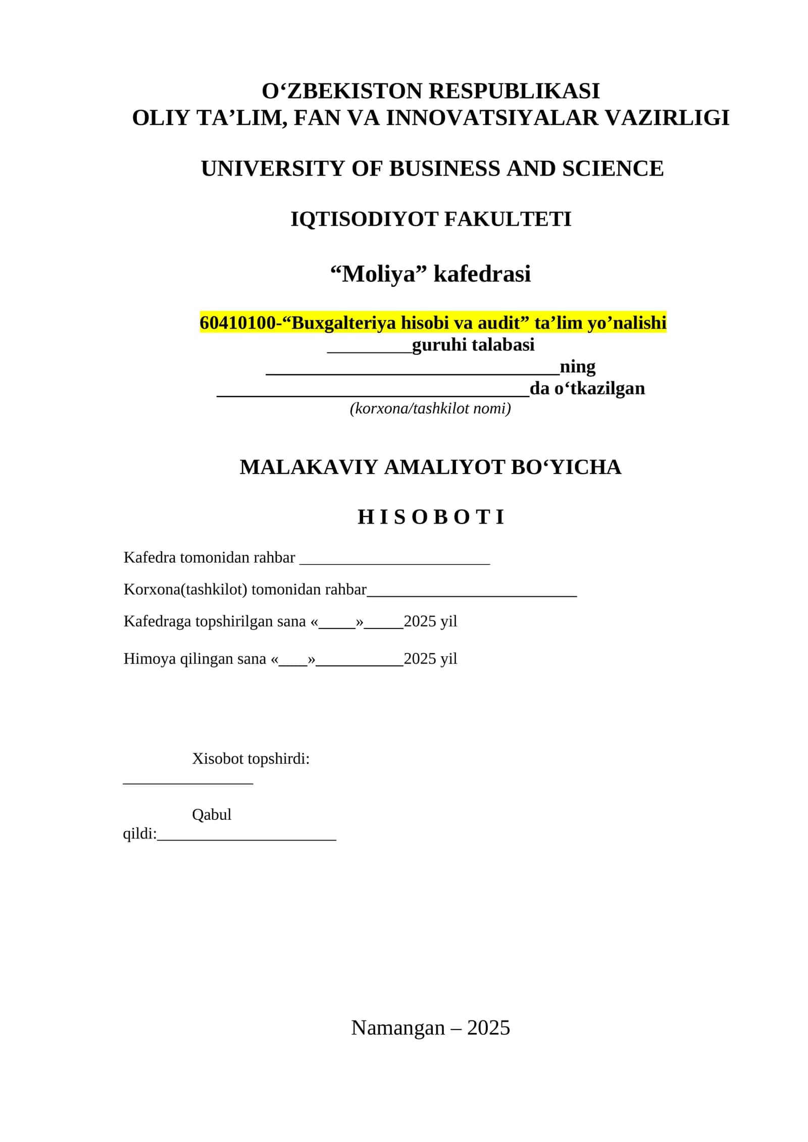 MALAKAVIY AMALIYOT BO‘YICHA H I S O B O T I