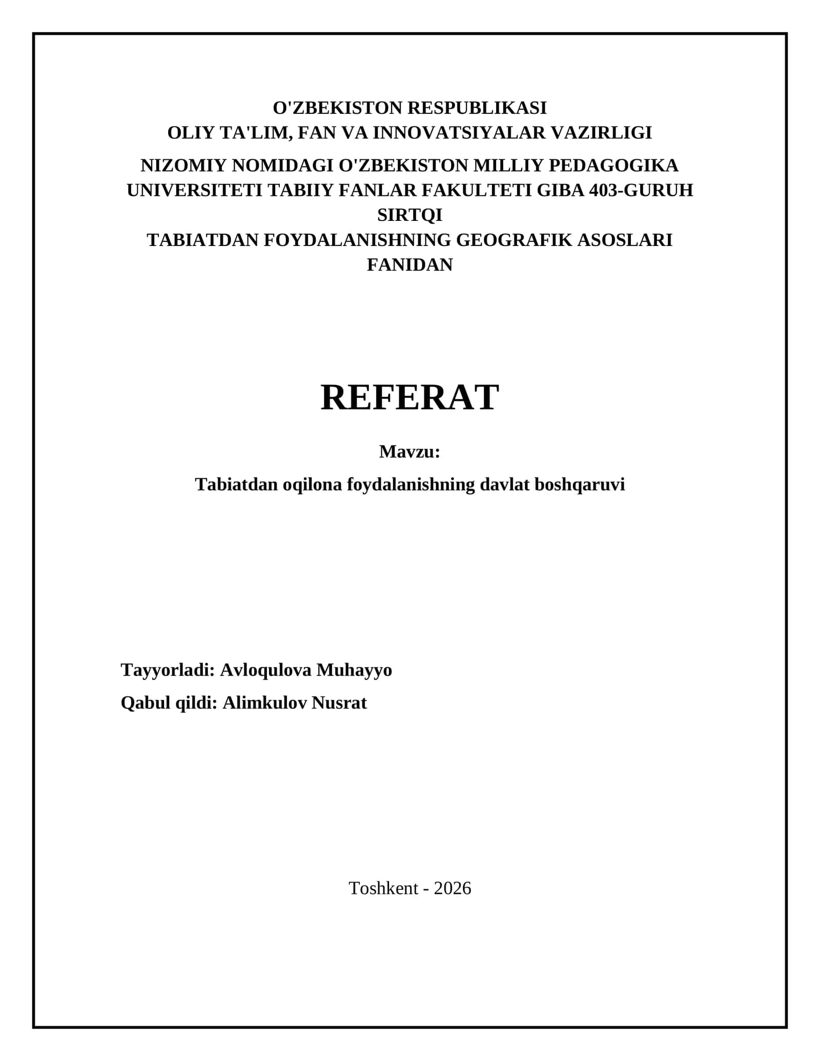 Tabiatdan oqilona foydalanishning davlat boshqaruvi