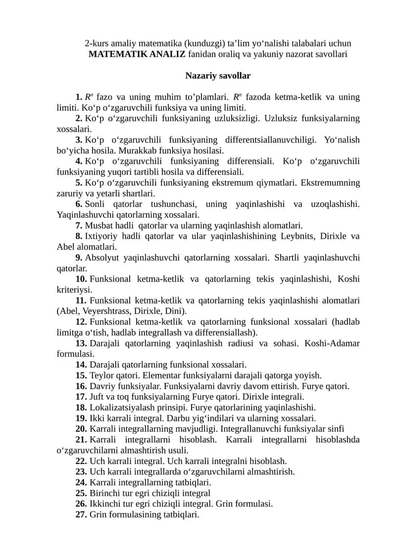 2-kurs amaliy matematika (kunduzgi) ta’lim yo‘nalishi talabalari uchun