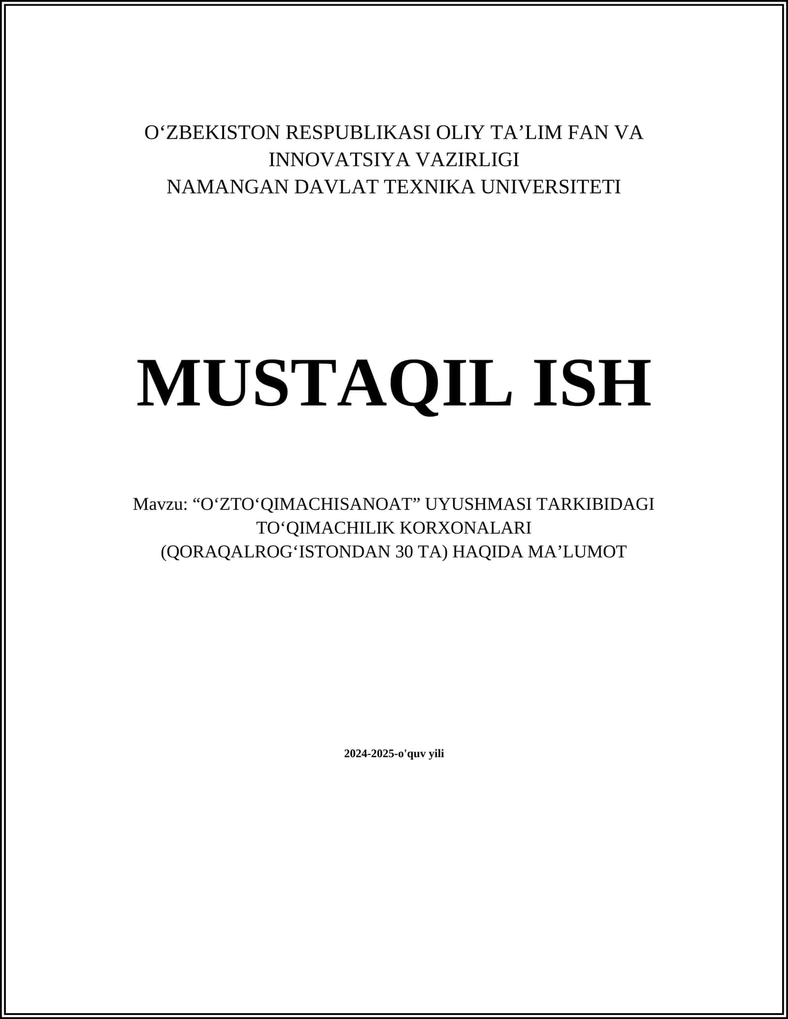“O‘ZTO‘QIMACHISANOAT” UYUSHMASI TARKIBIDAGI TO‘QIMACHILIK KORXONALARI