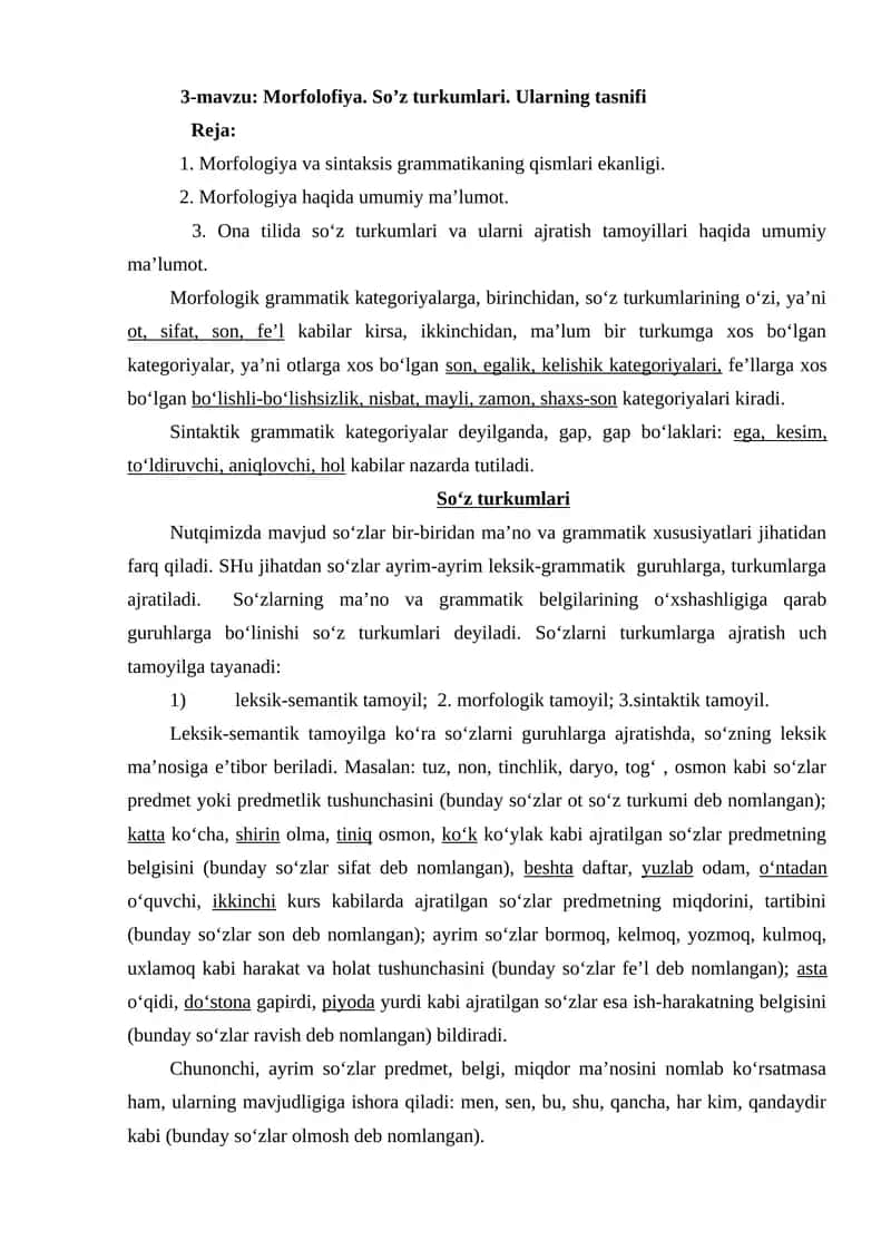 Morfolofiya. So’z turkumlari. Ularning tasnifi