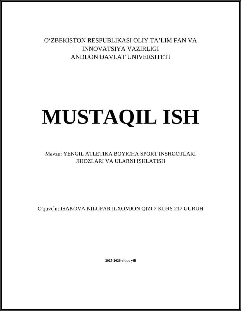 YENGIL ATLETIKA BOYICHA SPORT INSHOOTLARI JIHOZLARI VA ULARNI ISHLATISH