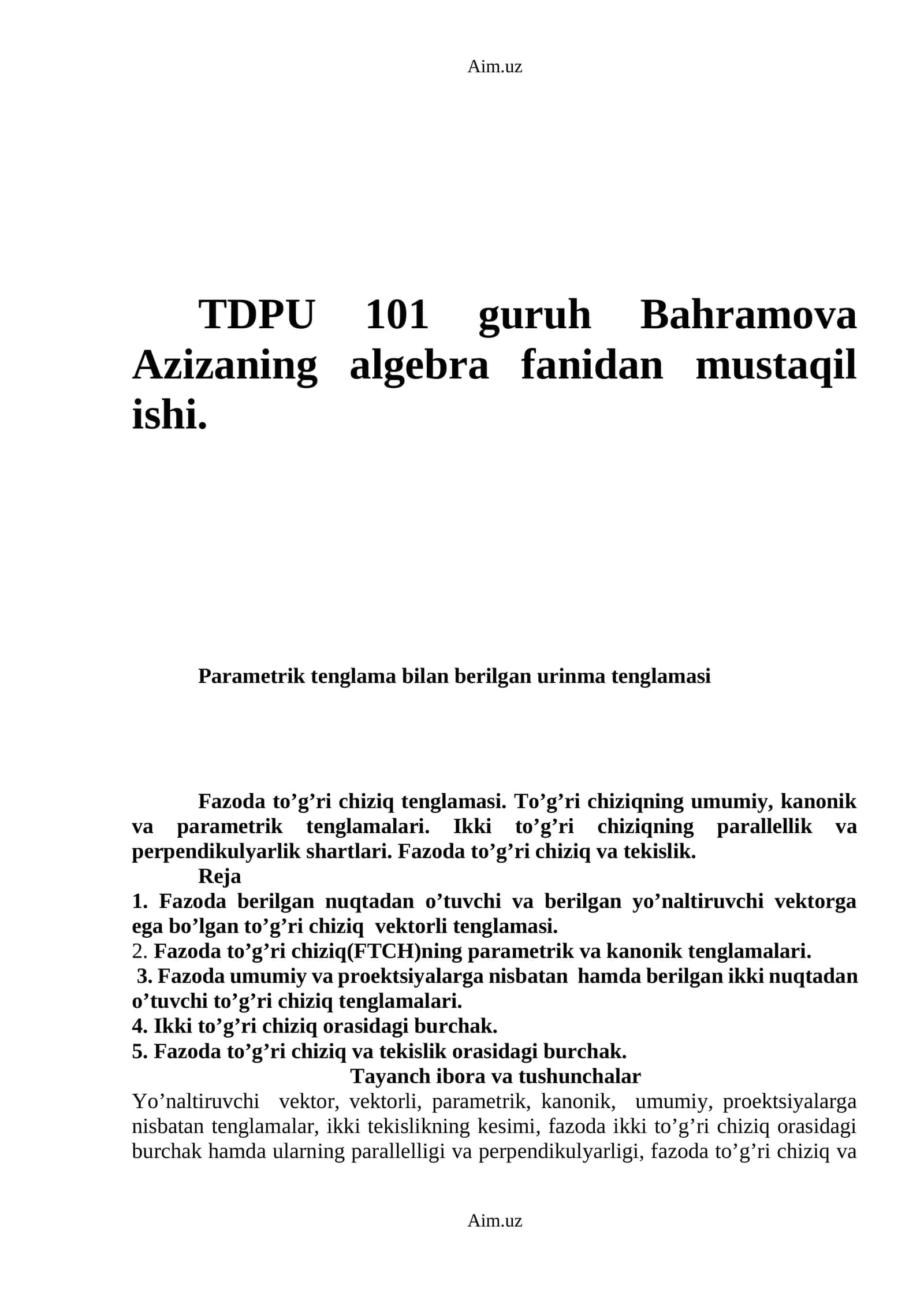 Bahramova Azizaning algebra fanidan mustaqil ishi