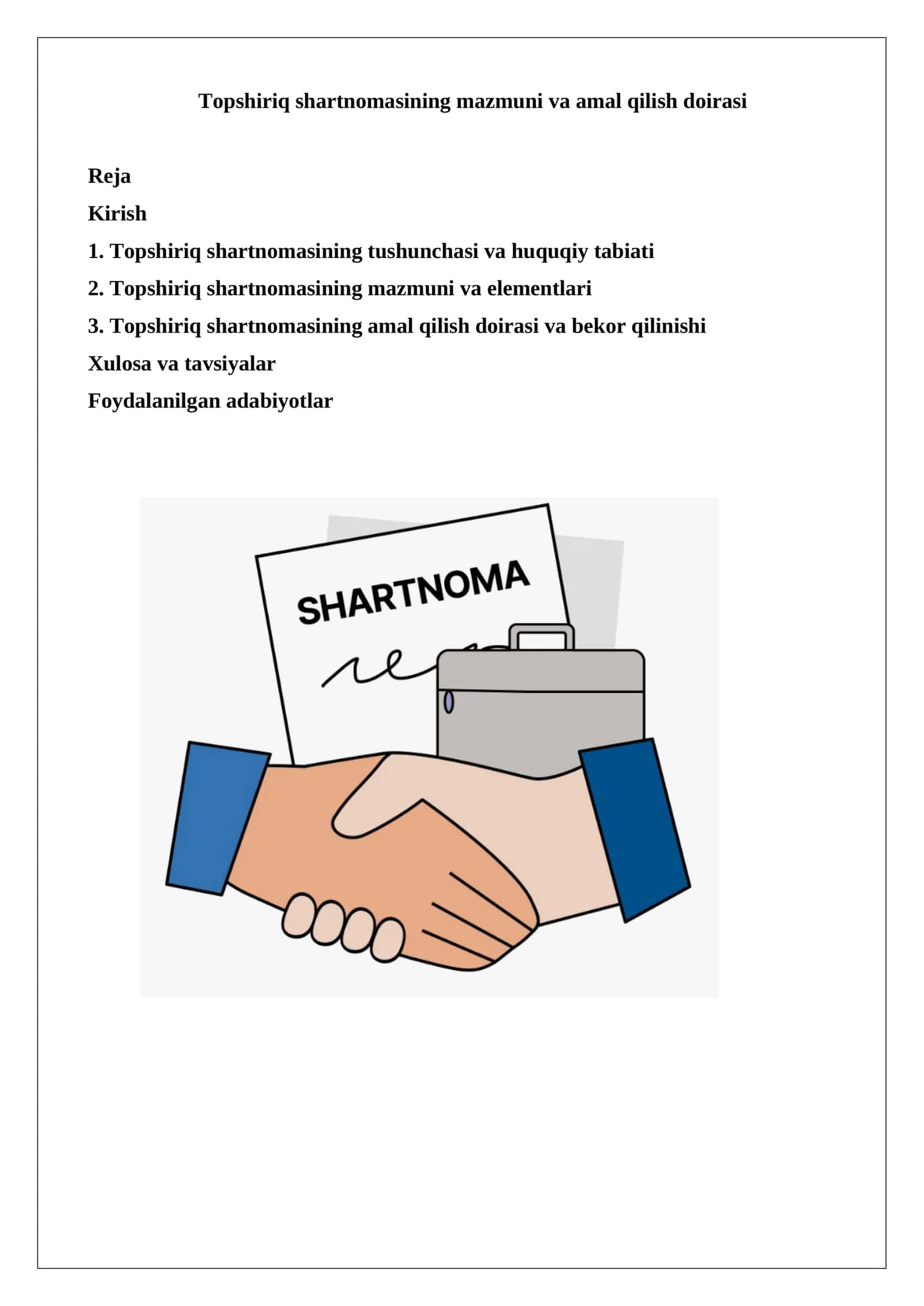 Topshiriq shartnomasining mazmuni va amal qilish doirasi