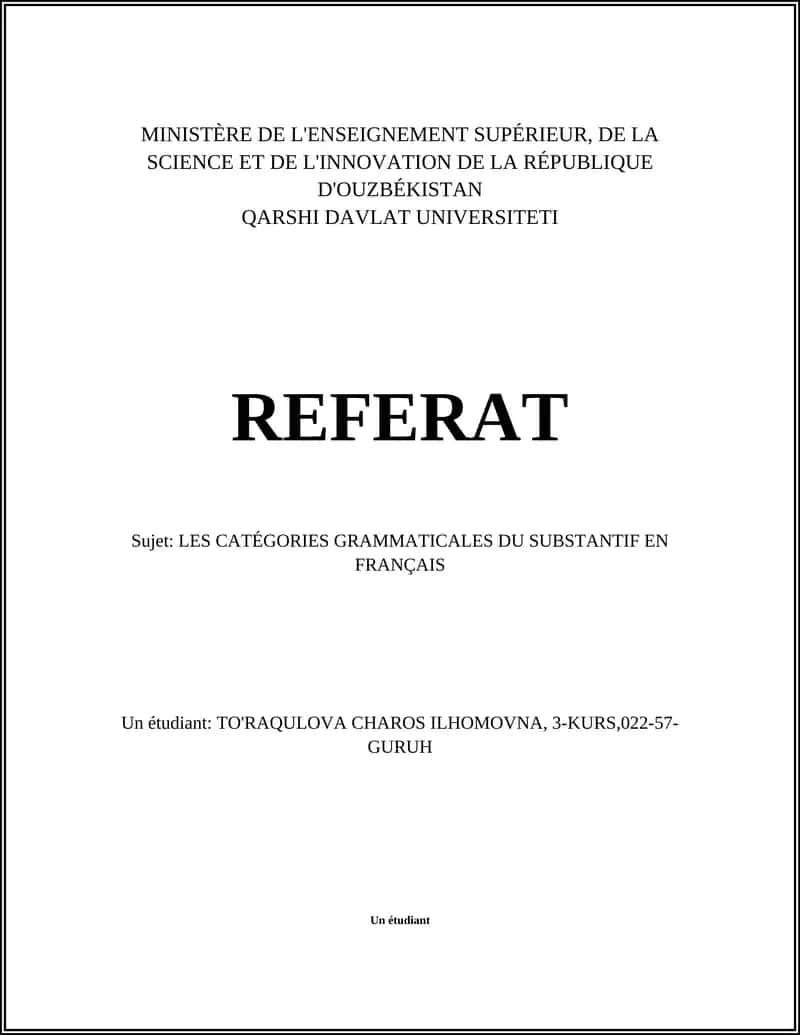 LES CATÉGORIES GRAMMATICALES DU SUBSTANTIF EN FRANÇAIS