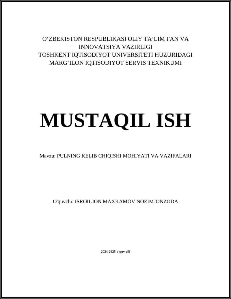 Pulning Kelib Chiqishi Mohiyati va Vazifalari