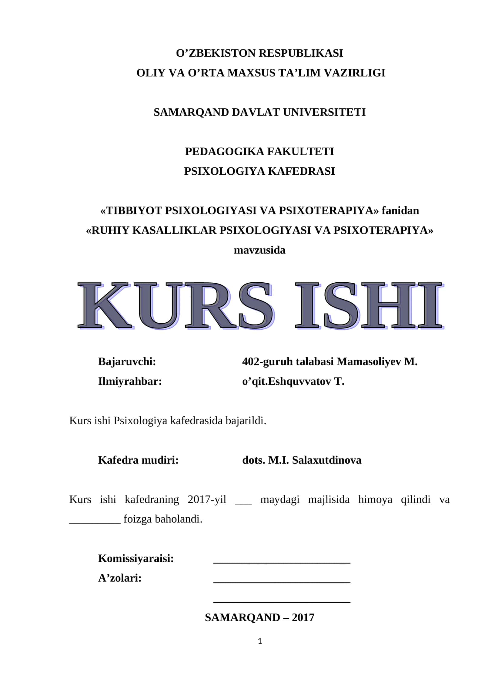 RUHIY KASALLIKLAR PSIXOLOGIYASI VA PSIXOTERAPIYA