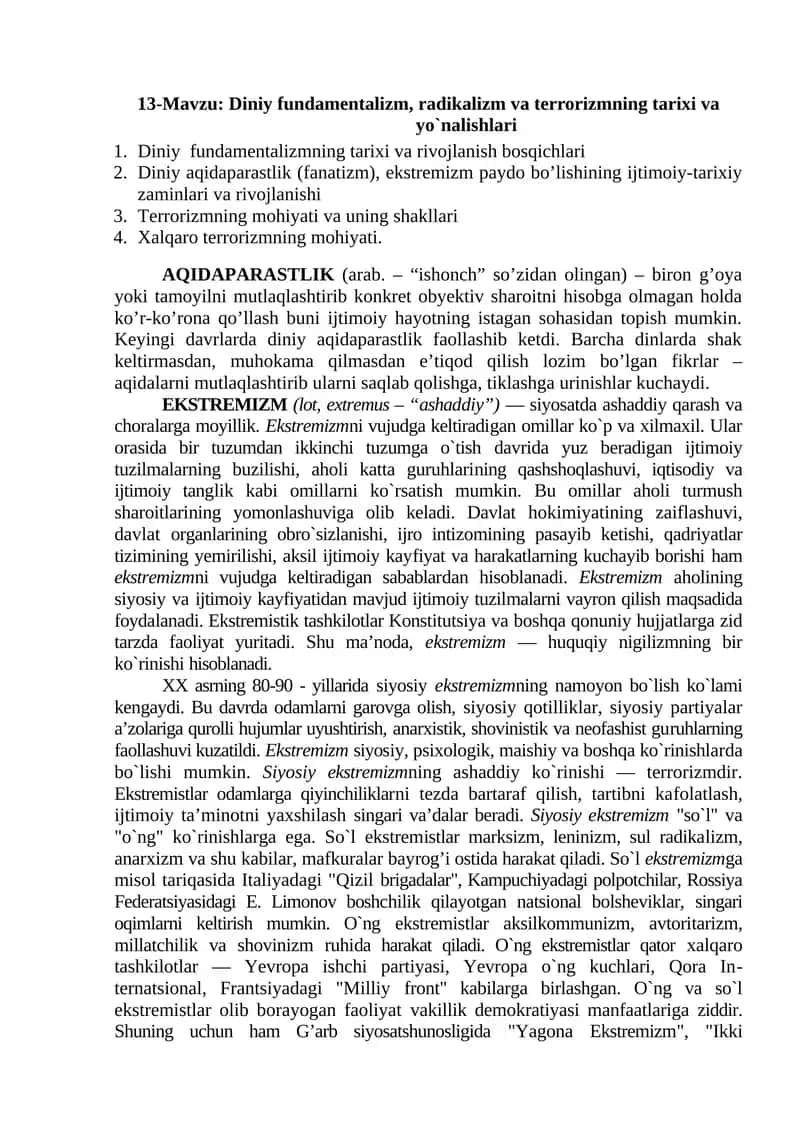 Diniy fundamentalizm, radikalizm va terrorizmning tarixi va yo`nalishlari
