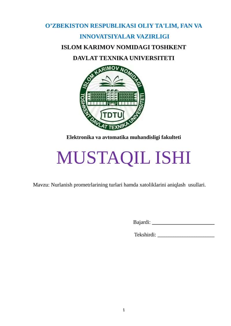 Nurlanish prometrlarining turlari hamda xatoliklarini aniqlash usullari