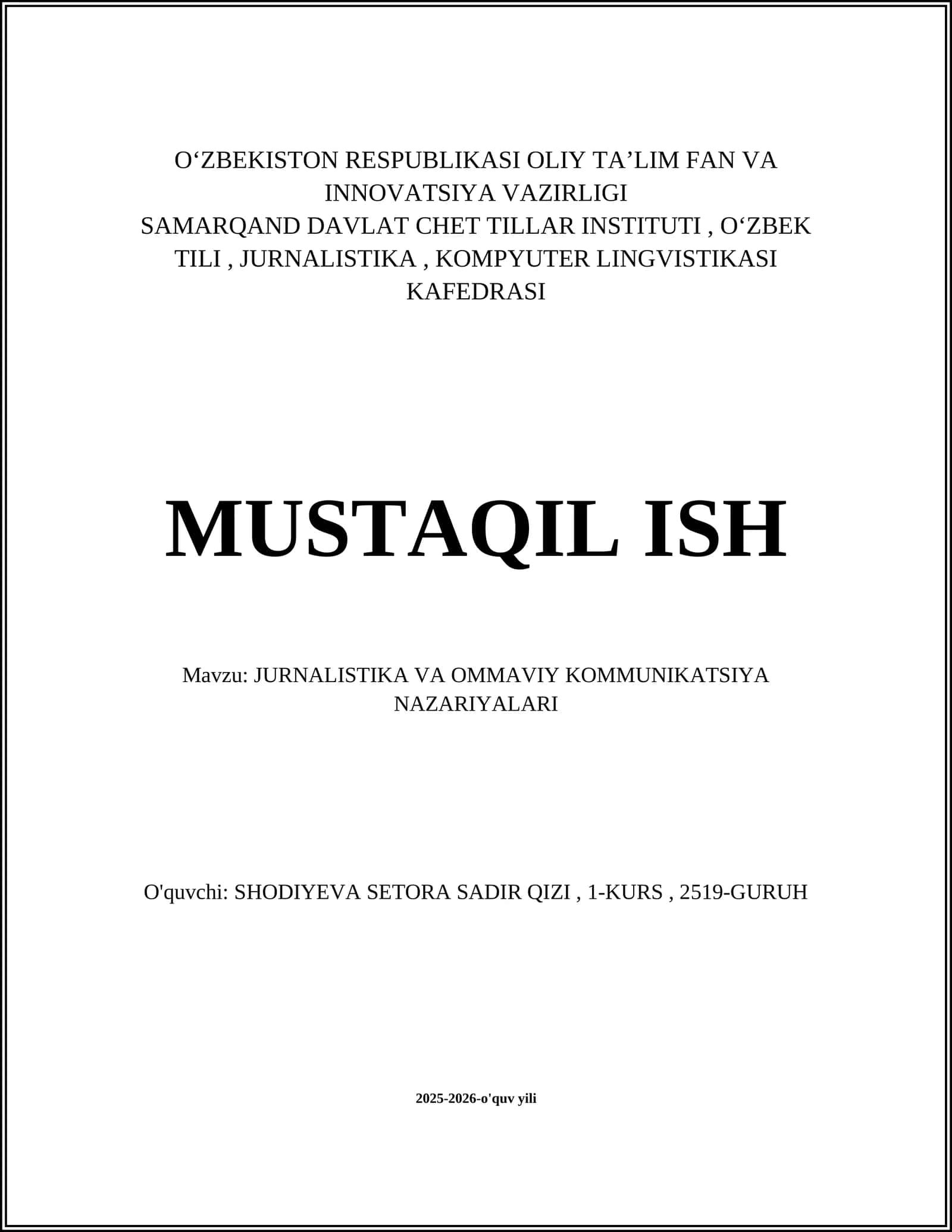 Jurnalistika va Ommaviy Kommunikatsiya Nazariyalari