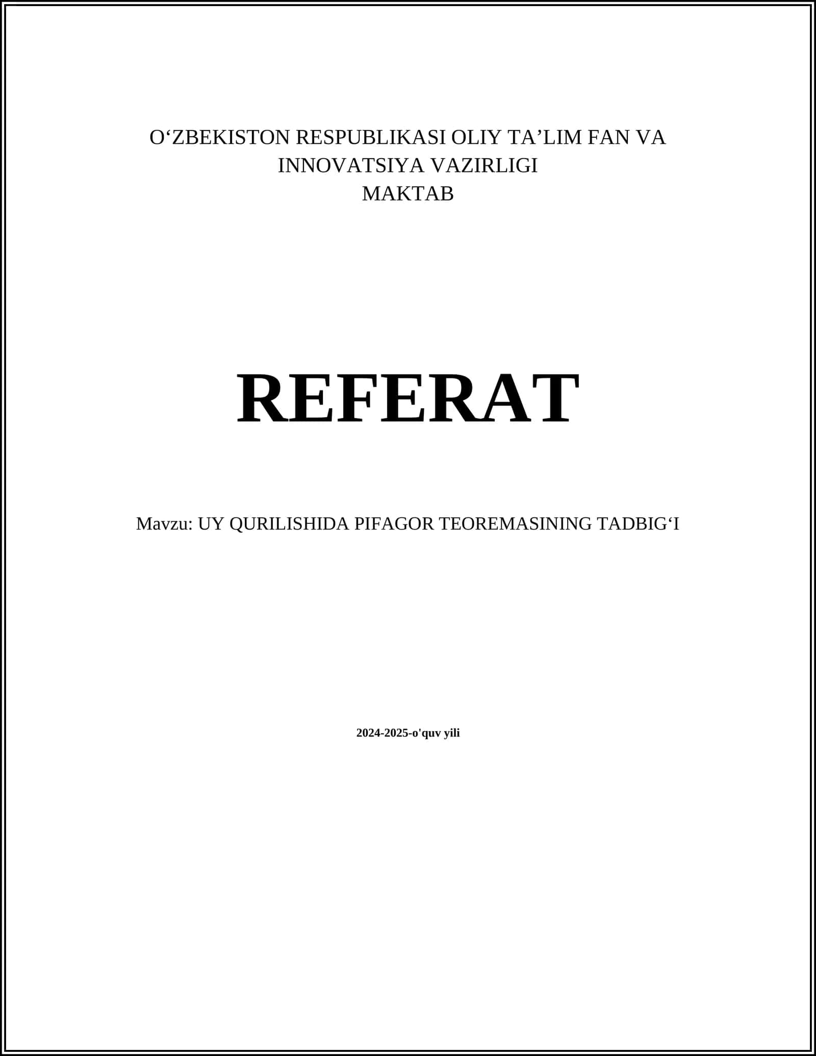 UY QURILISHIDA PIFAGOR TEOREMASINING TADBIGʻI