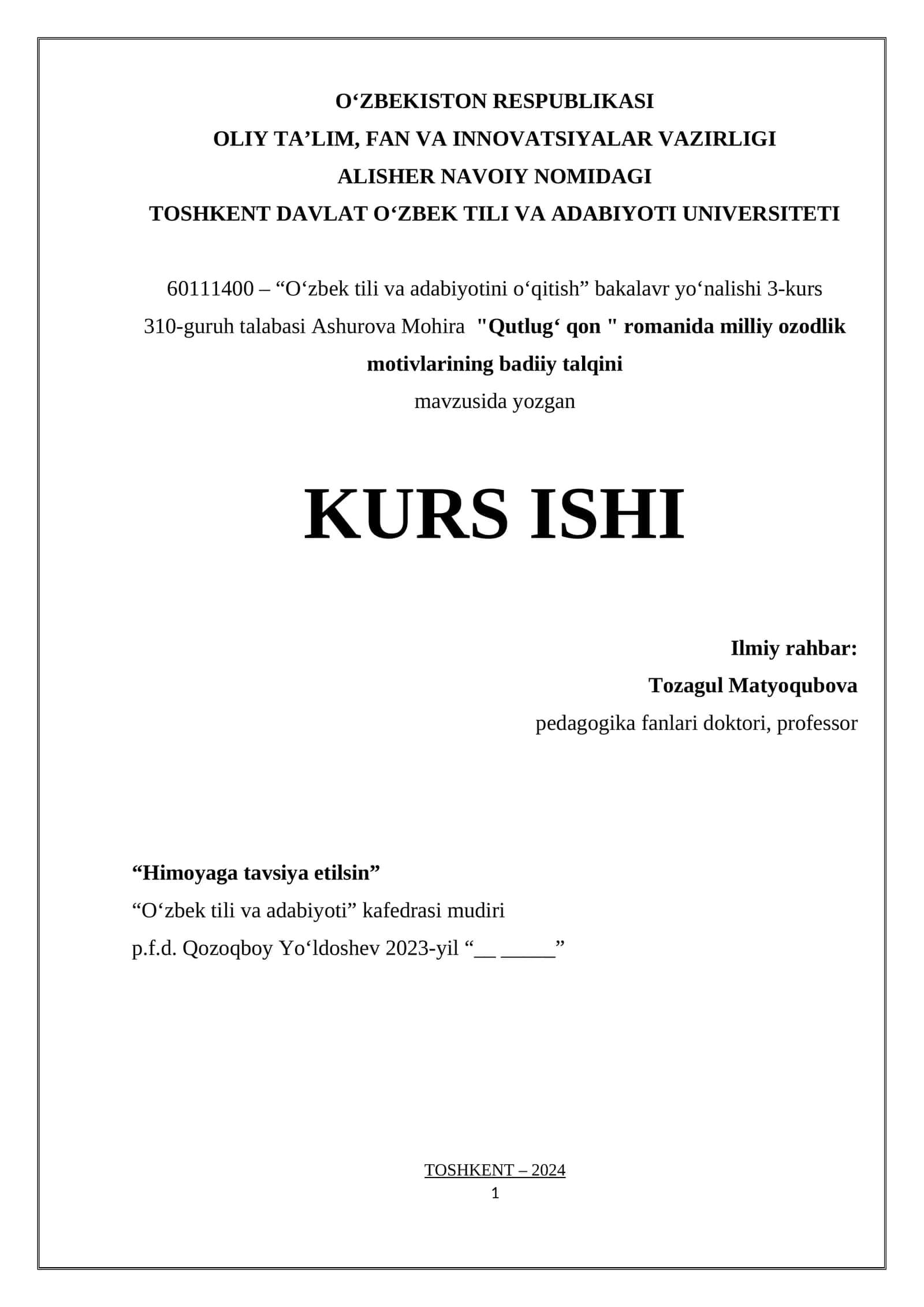 Qutlug' qon romanida milliy ozodlik motivlarining badiiy talqini