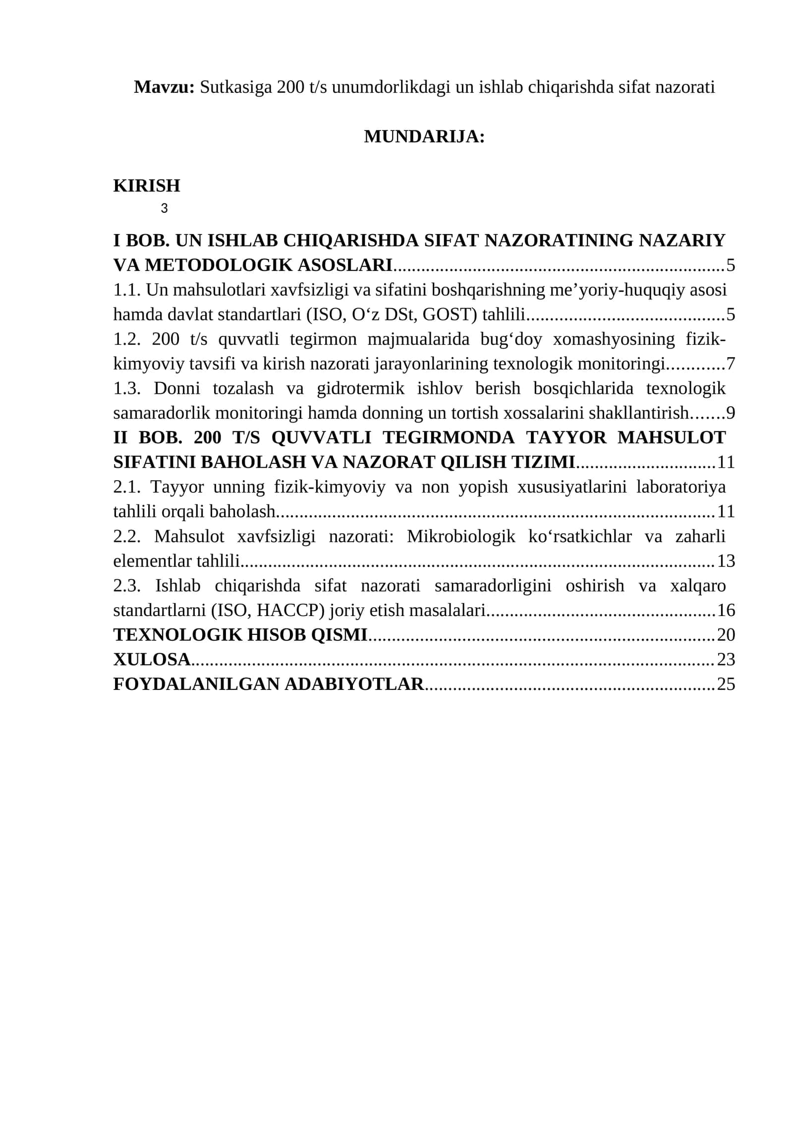 Sutkasiga 200 t/s unumdorlikdagi un ishlab chiqarishda sifat nazorati