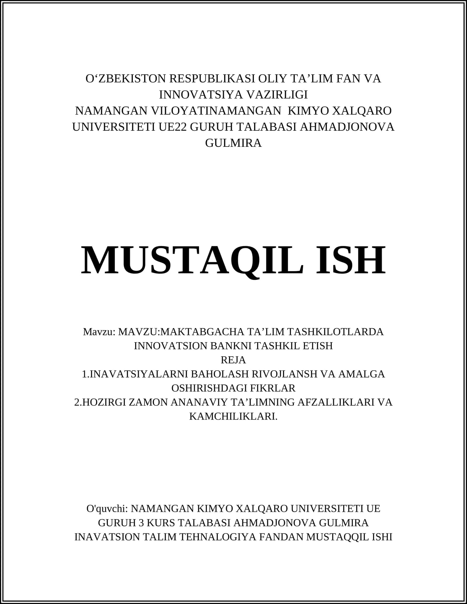 MAKTABGACHA TAʼLIM TASHKILOTLARDA INNOVATSION BANKNI TASHKIL ETISH
