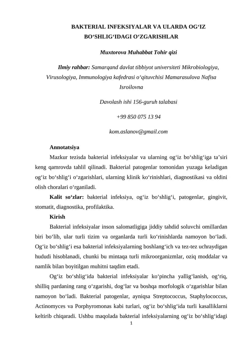 BАKTЕRIАL INFЕKSIYАLАR VА ULАRDА ОG‘IZ BО‘SHLIG‘IDАGI О‘ZGАRISHLАR