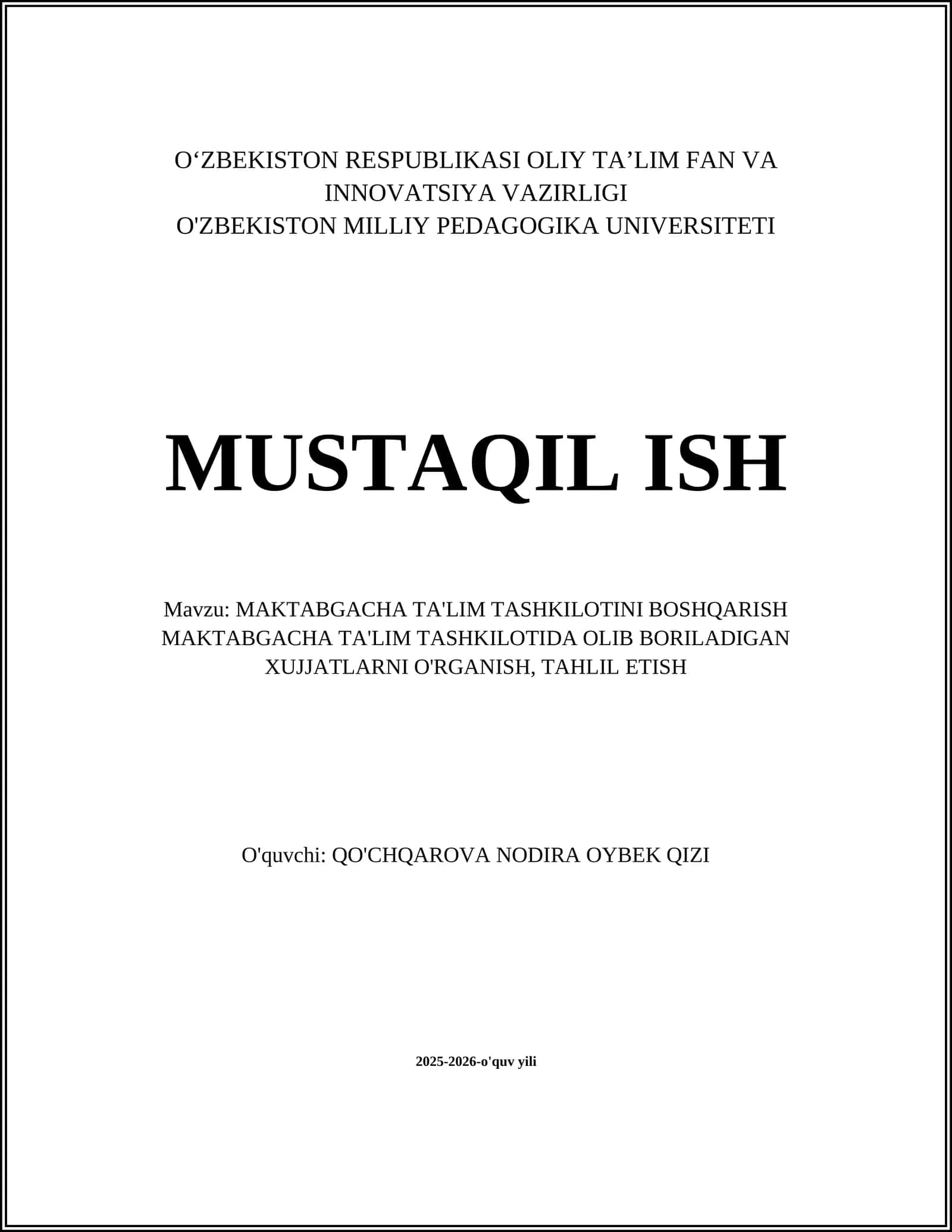 MAKTABGACHA TA'LIM TASHKILOTINI BOSHQARISH