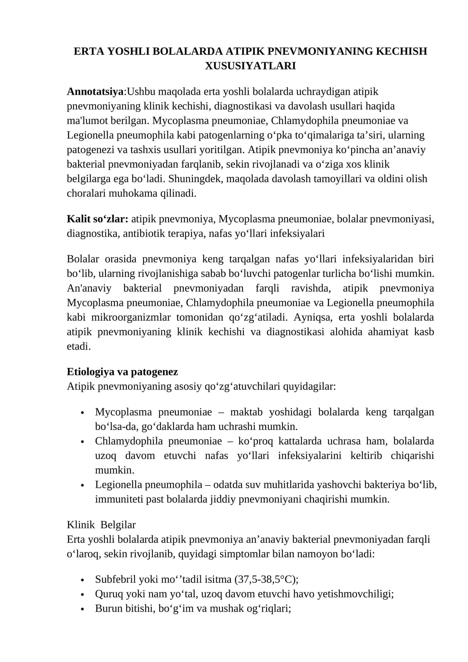 Erta yoshli bolalarda atipik pnevmoniyaning kechish xususiyatlari
