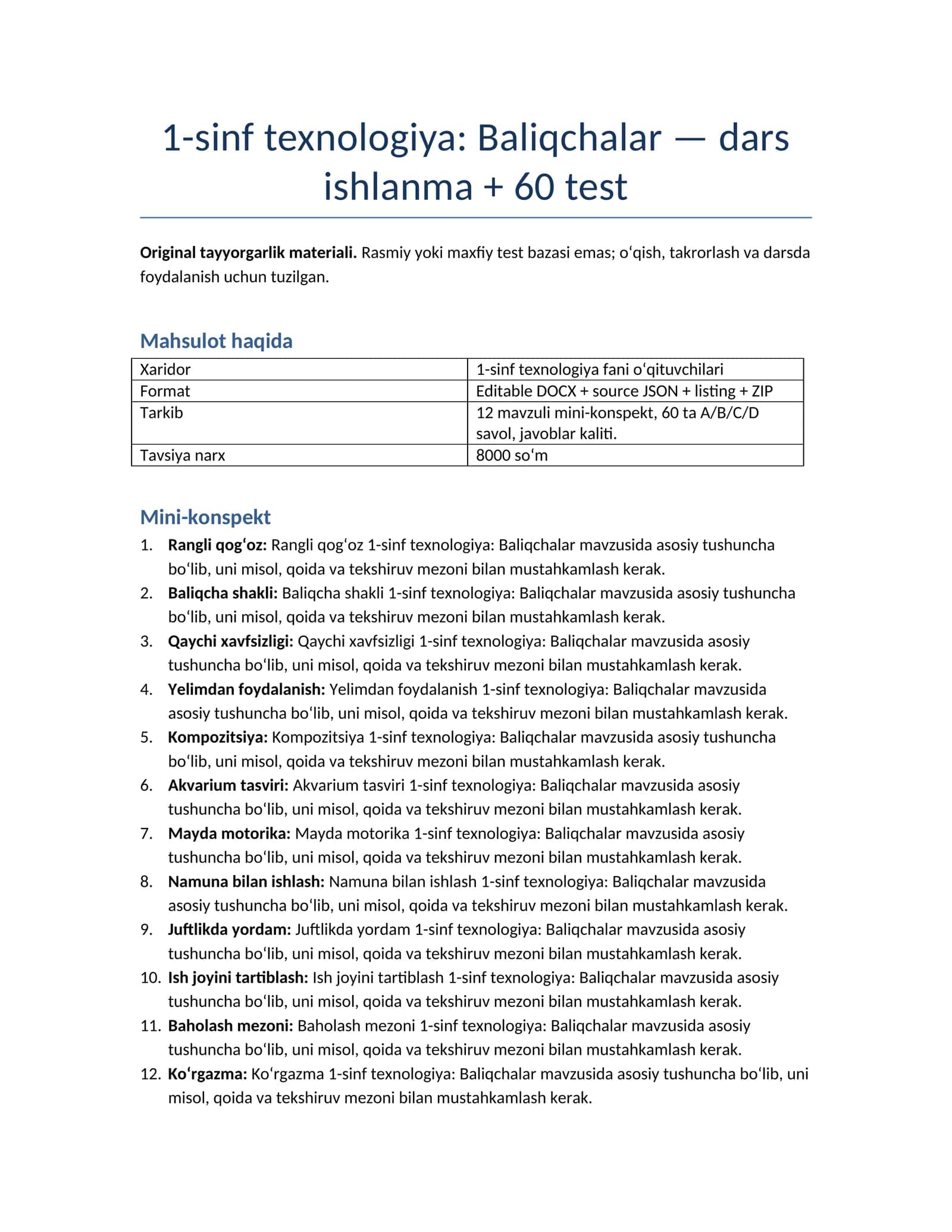 1-sinf texnologiya: Baliqchalar — dars ishlanma + 60 test