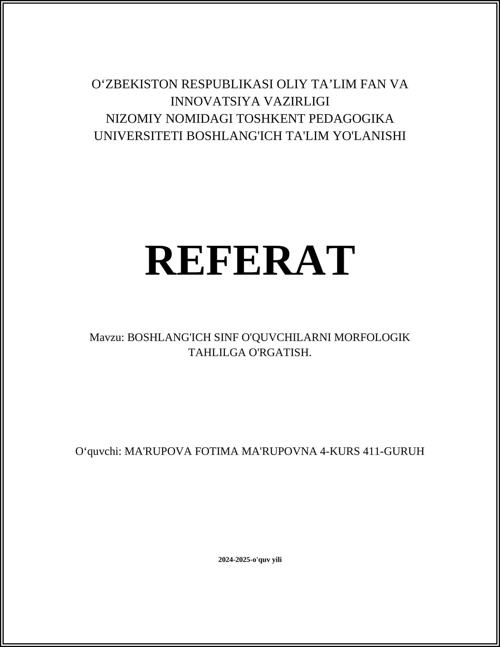 BOSHLANG'ICH SINF O'QUVCHILARNI MORFOLOGIK TAHLILGA O'RGATISH