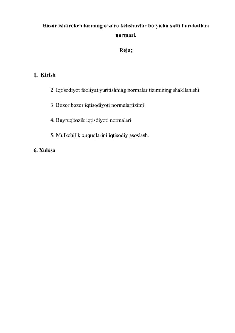 Bozor ishtirokchilarining o’zaro kelishuvlar bo’yicha xatti harakatlari normasi.
