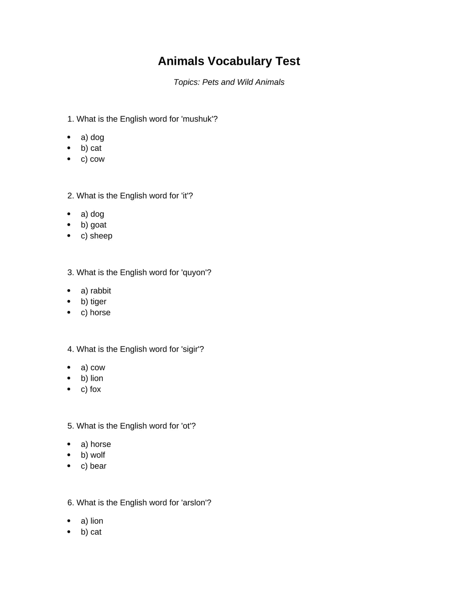 Animals Vocabulary Test