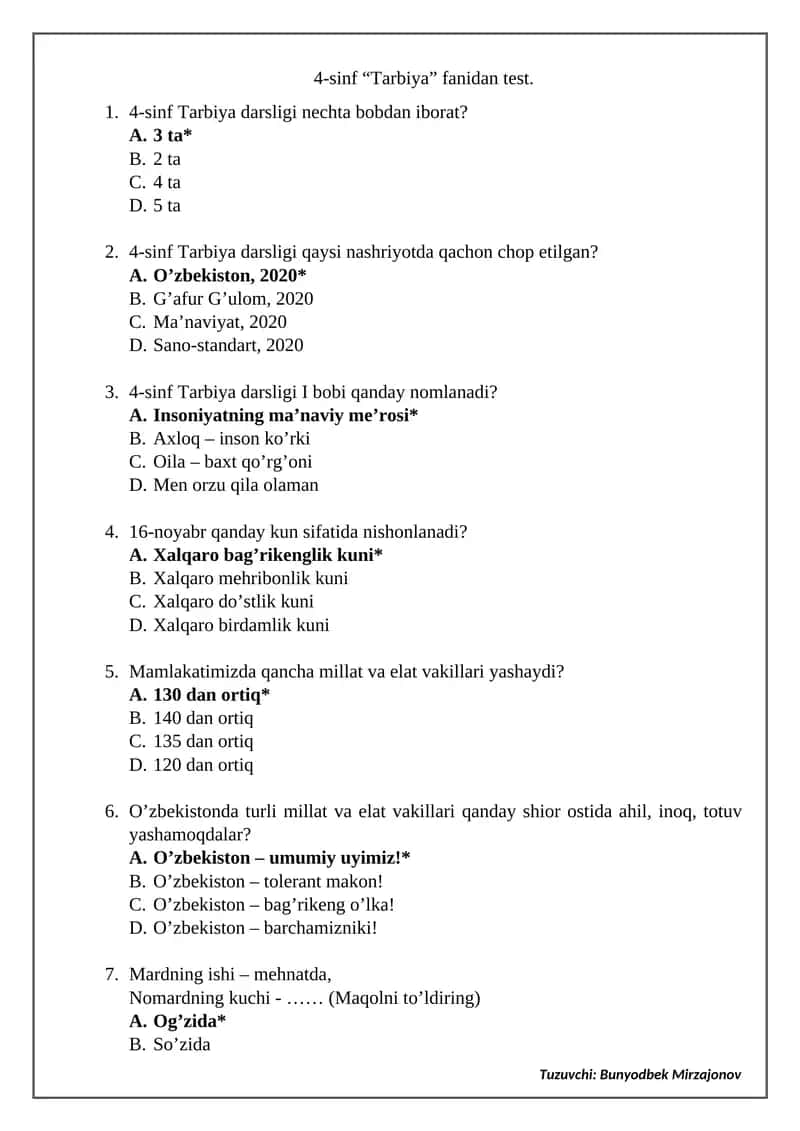4-sinf “Tarbiya” fanidan test