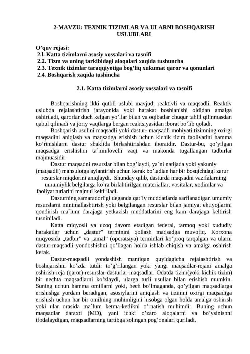 TEXNIK TIZIMLAR VA ULARNI BOSHQARISH USLUBLARI