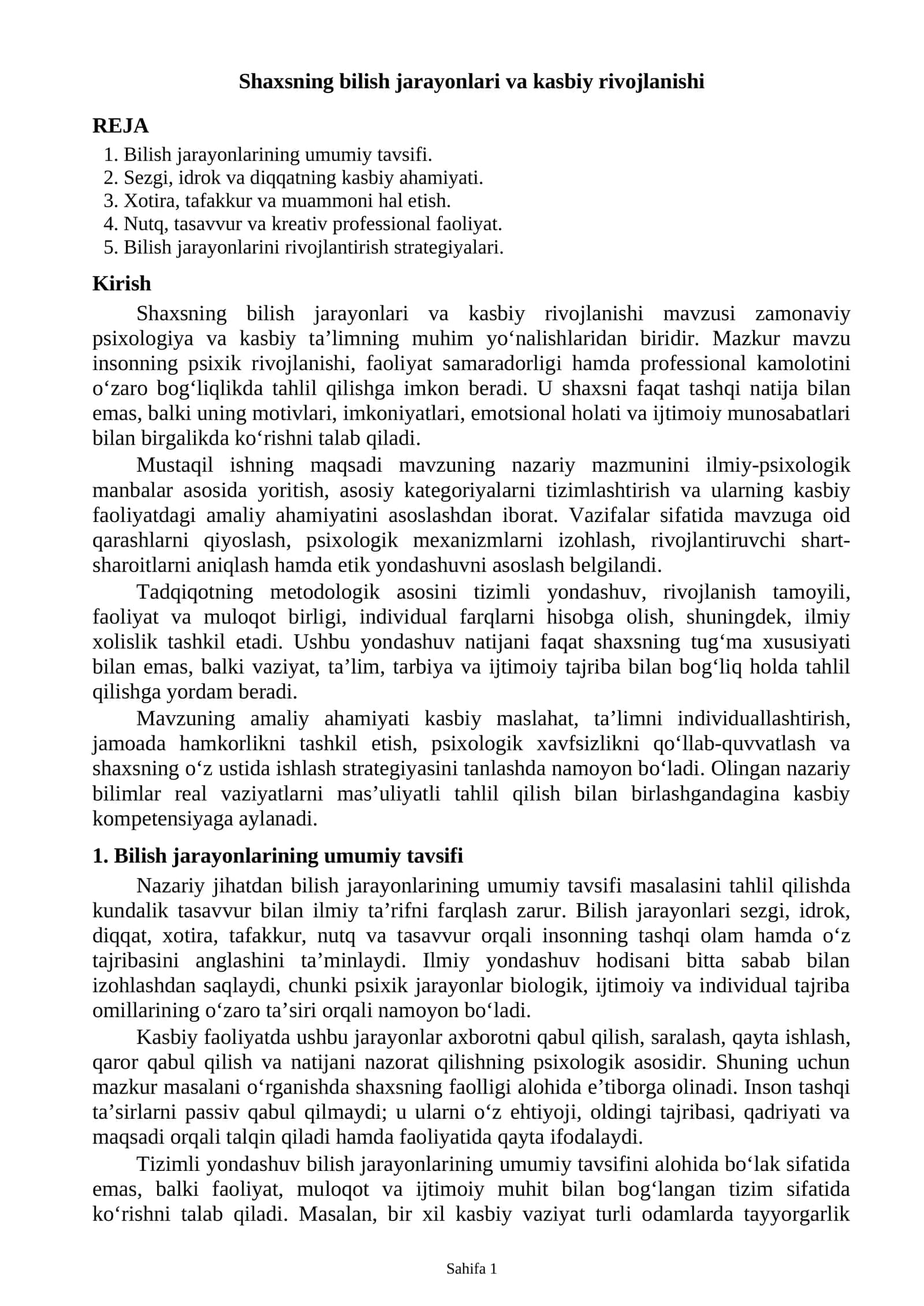 Shaxsning bilish jarayonlari va kasbiy rivojlanishi