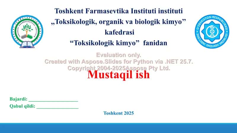 12. Zaharli moddalarning toksikokinetika va toksikodinamikasi. Taqdimot, 13 bet.