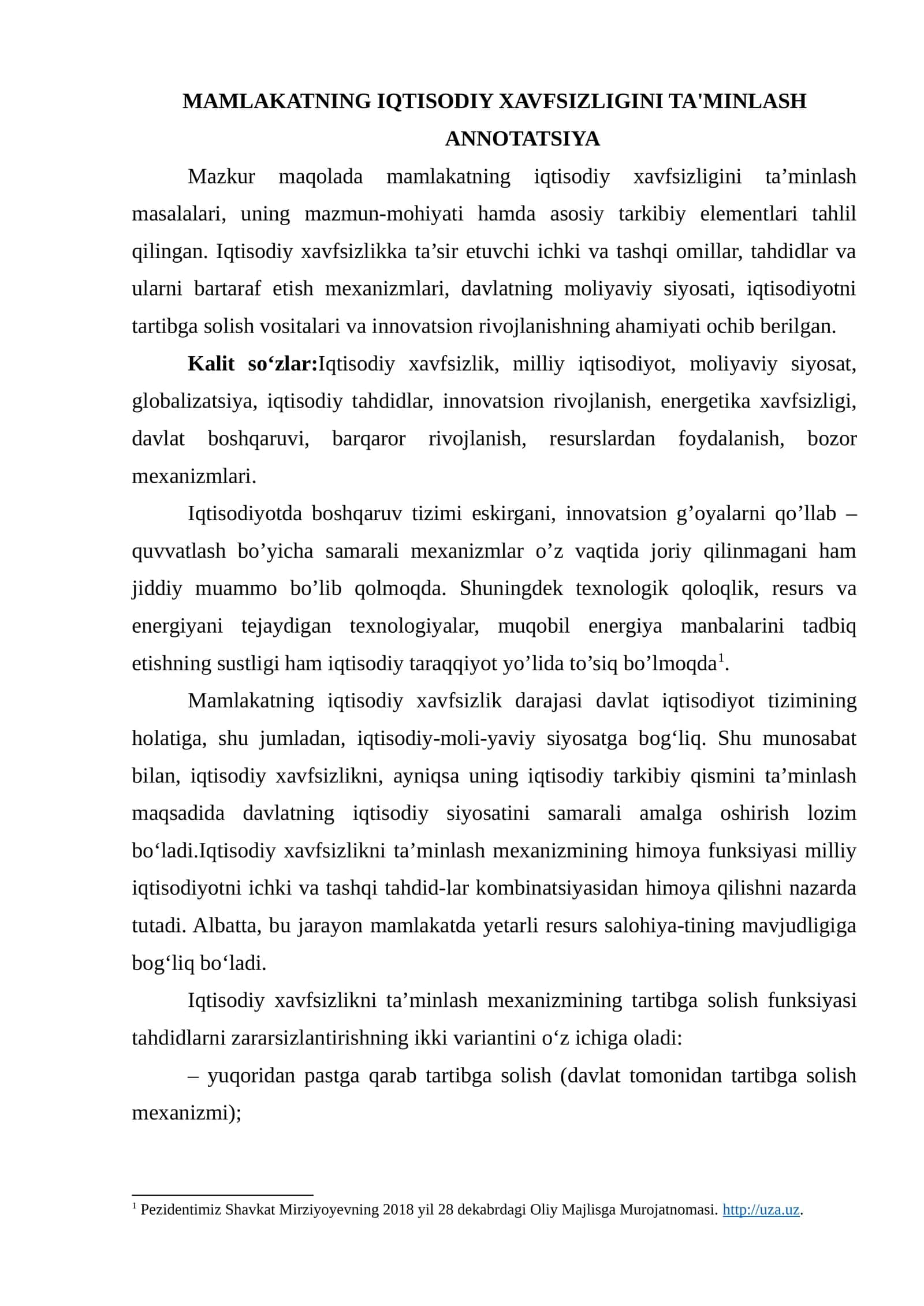 MAMLAKATNING IQTISODIY XAVFSIZLIGINI TA'MINLASH