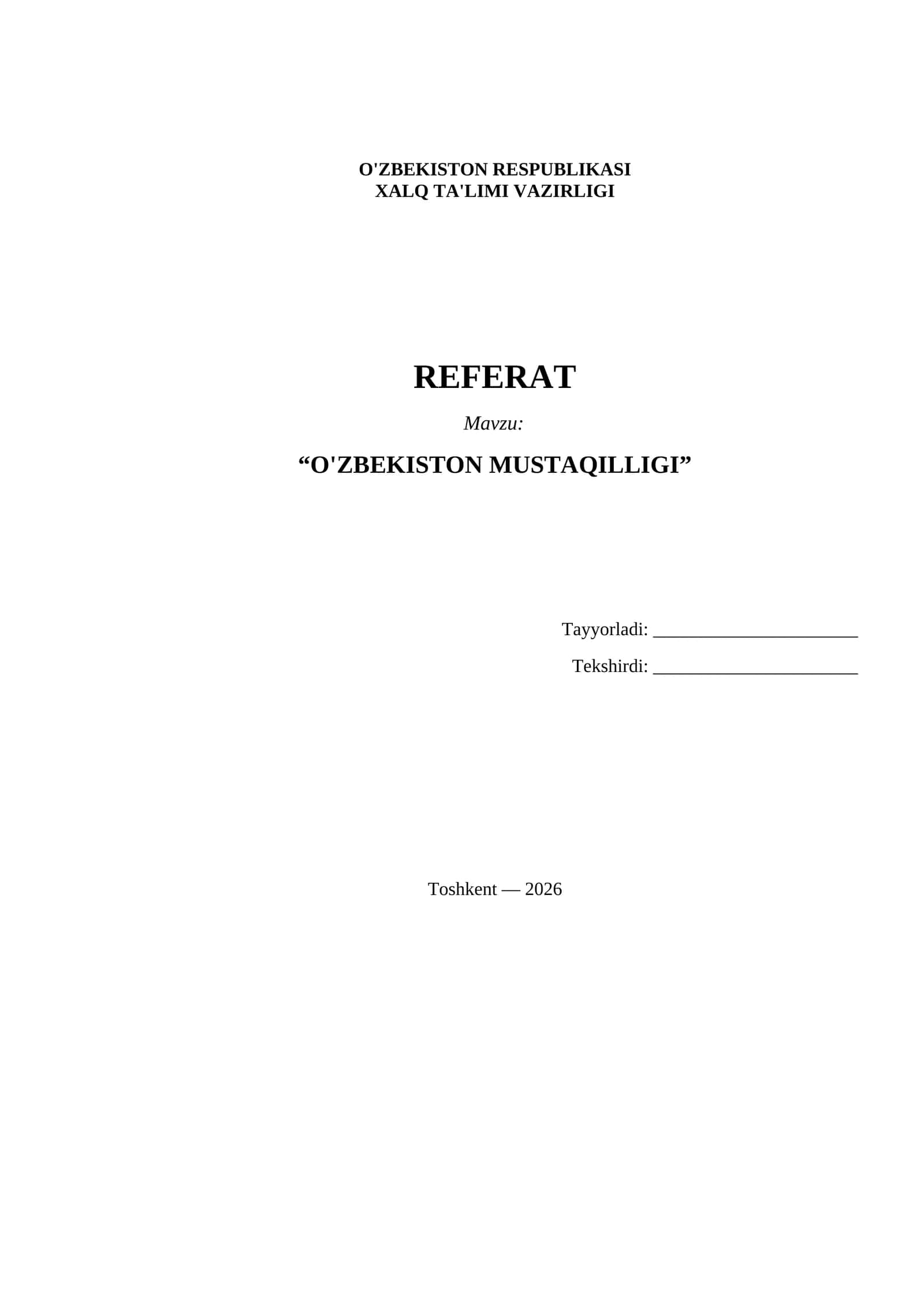 Referat OʻZBEKISTON mustaqilligi haqida
