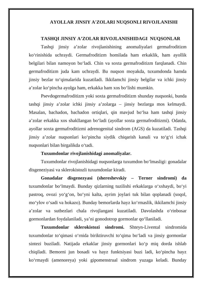 Ayollar jinsiy a'zolari nuqsonli rivojlanishi