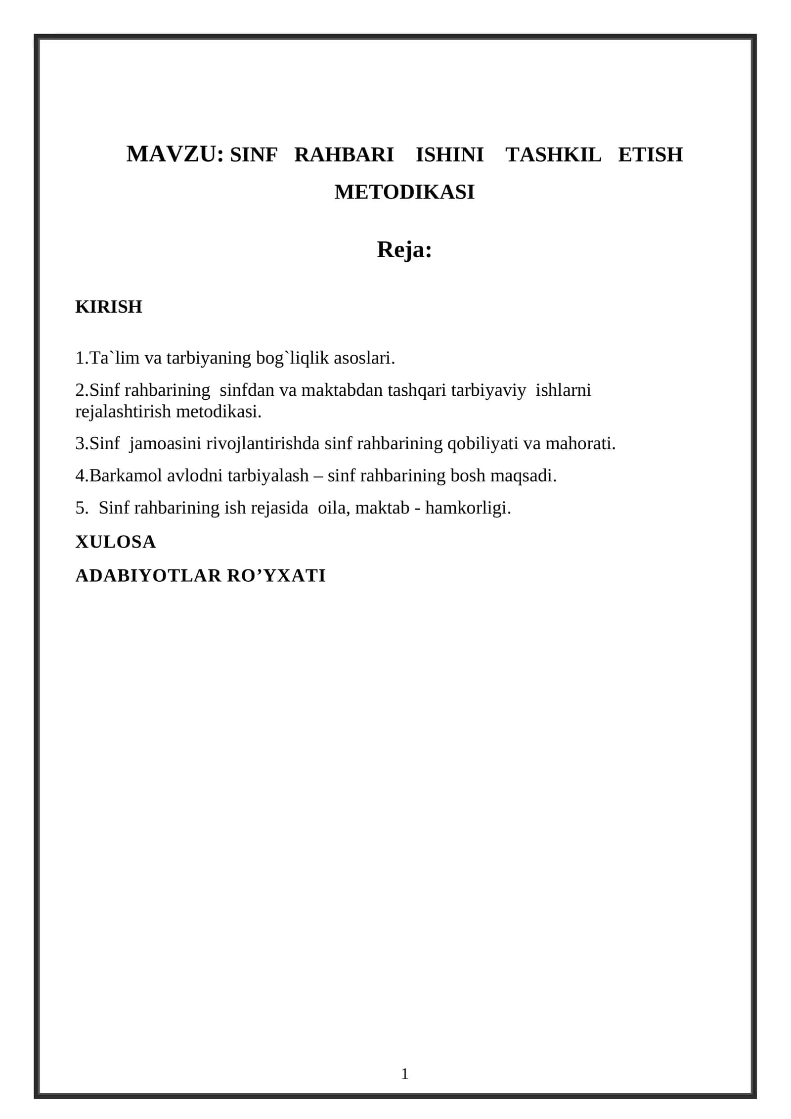 SINF RAHBARI ISHINI TASHKIL ETISH METODIKASI