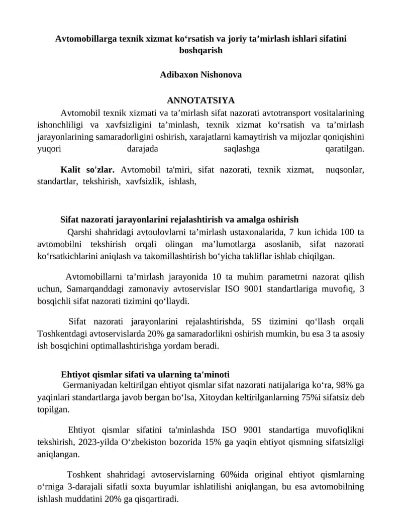 Avtomobil texnik xizmati va taʼmirlash sifat nazorati