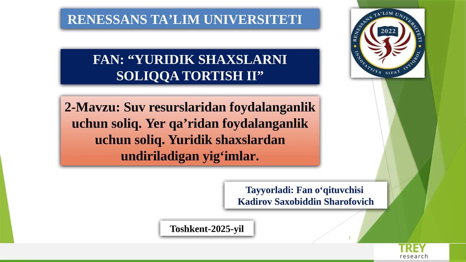 “YURIDIK SHAXSLARNI SOLIQQA TORTISH II”