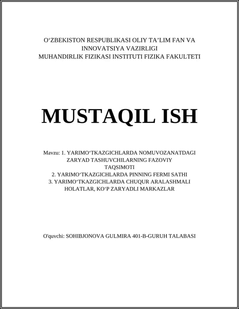 MUHANDIRLIK FIZIKASI INSTITUTI FIZIKA FAKULTETI MUSTAQIL ISH