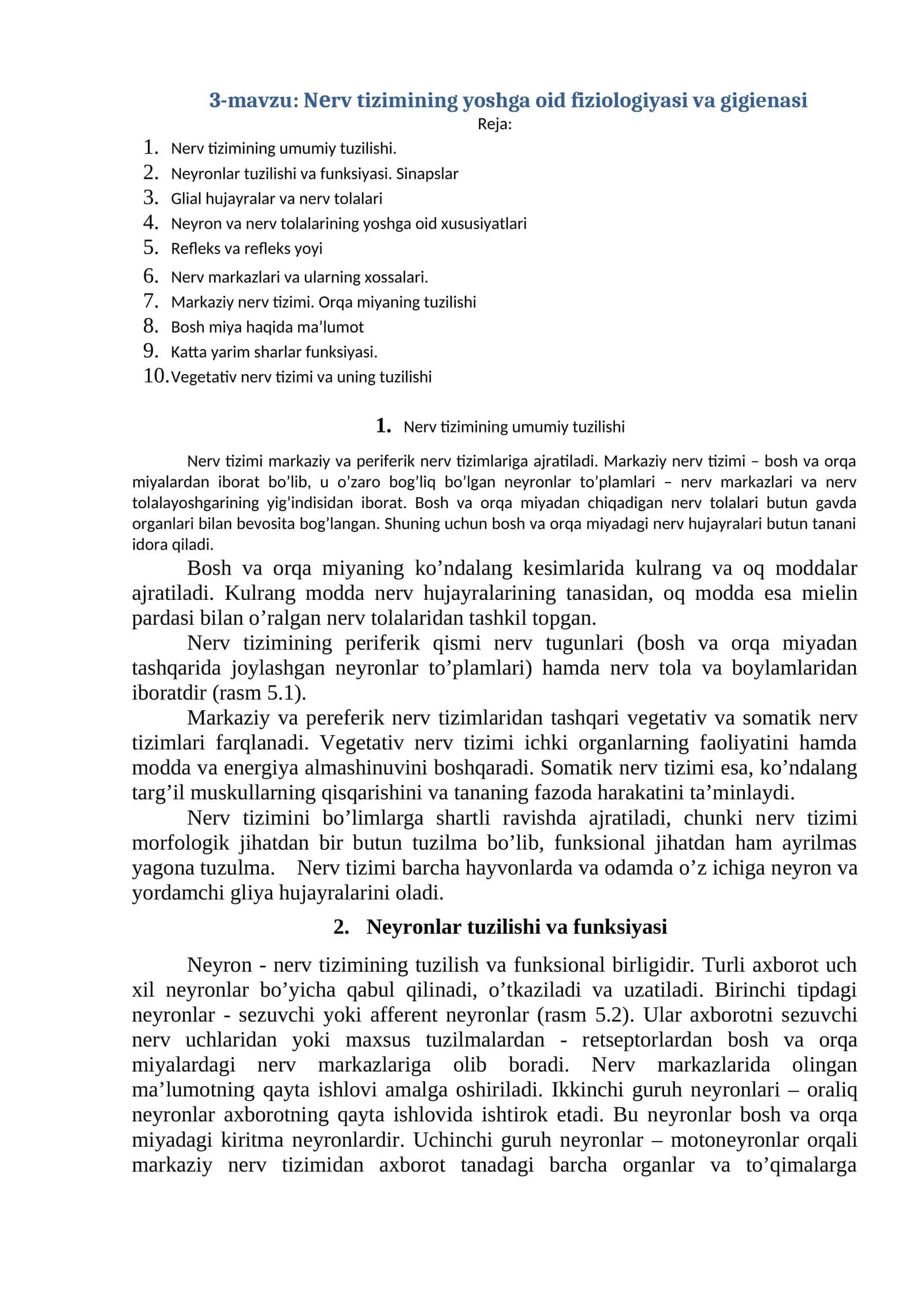 Nеrv tizimining yoshga oid fiziologiyasi va gigienasi