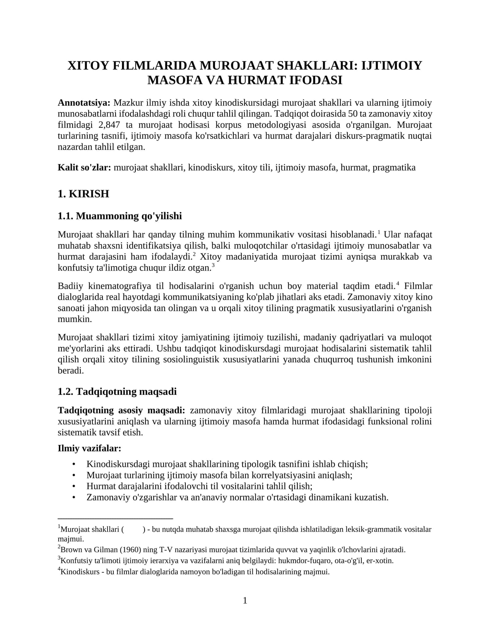 XITOY FILMLARIDA MUROJAAT SHAKLLARI: IJTIMOIY MASOFA VA HURMAT IFODASI