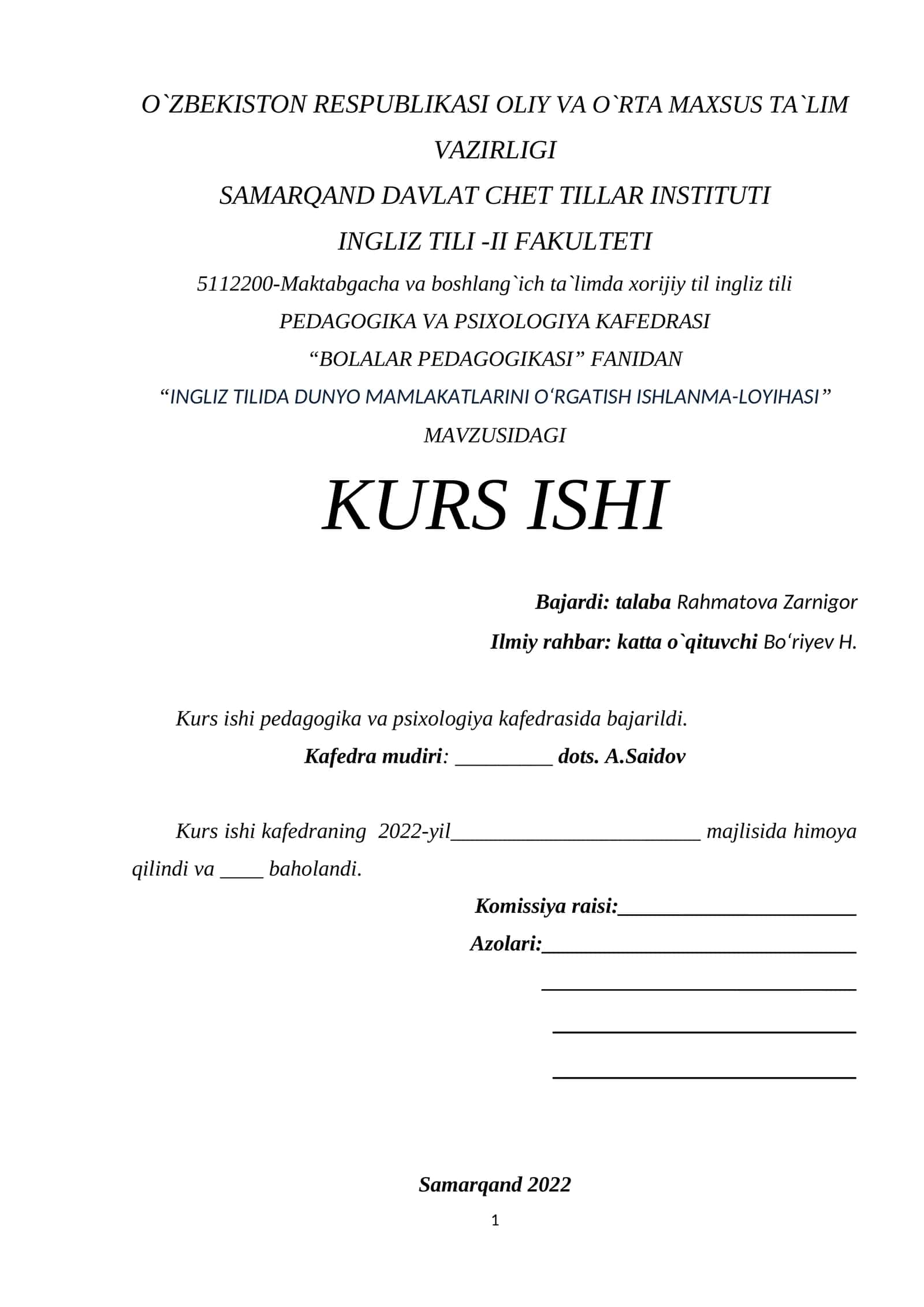 INGLIZ TILI -II FAKULTETI 5112200-Maktabgacha vа boshlang`ich ta`limda xorijiy til ingliz tili