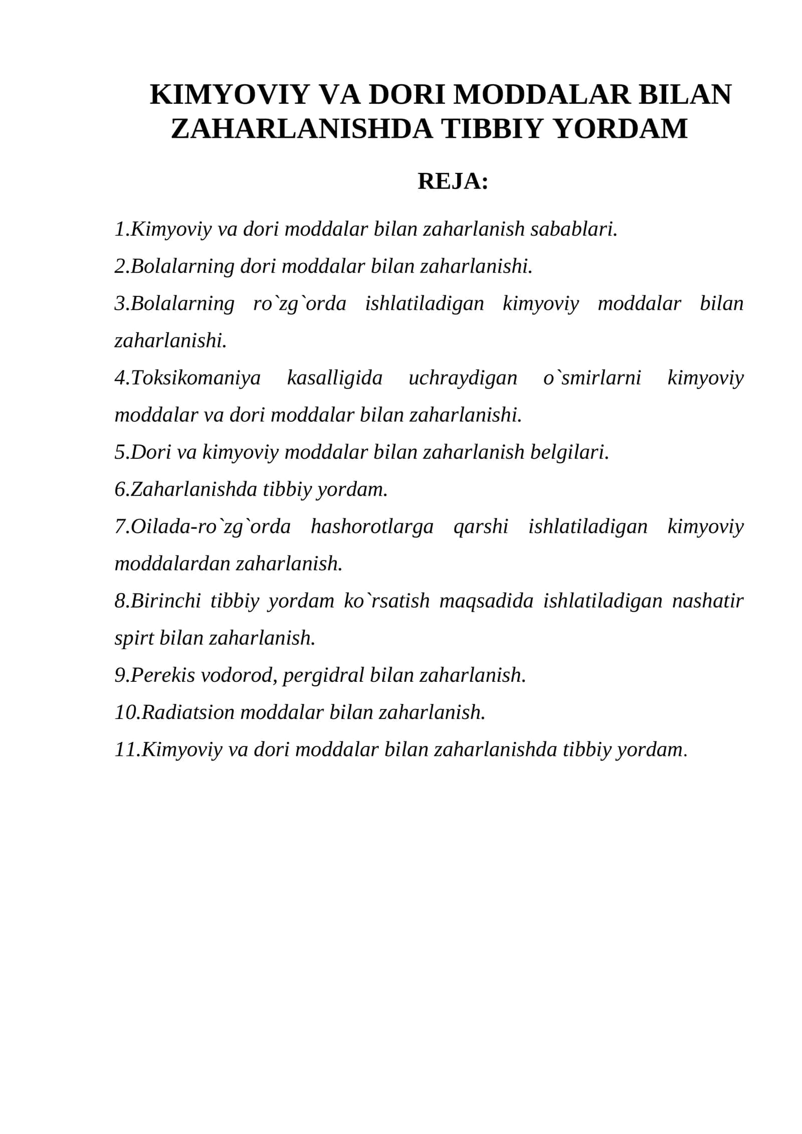 Kimyoviy va dori moddalar bilan zaharlanishda tibbiy yordam