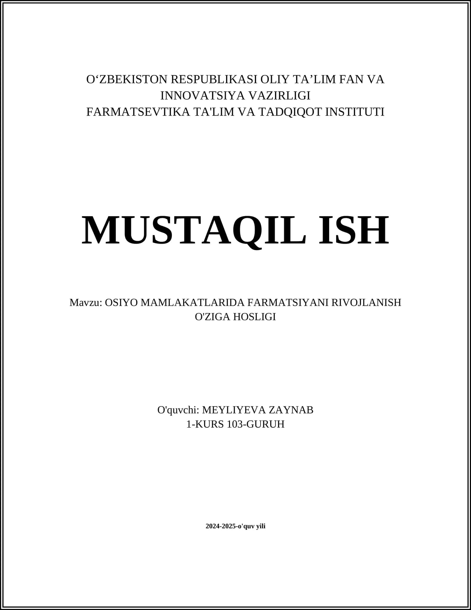OSIYO MAMLAKATLARIDA FARMATSIYANI RIVOJLANISH O'ZIGA HOSLIGI