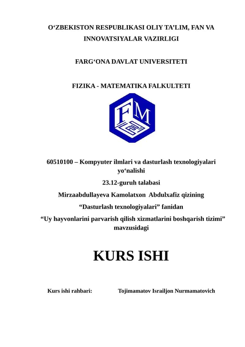 Uy hayvonlarini parvarish qilish xizmatlarini boshqarish tizimi