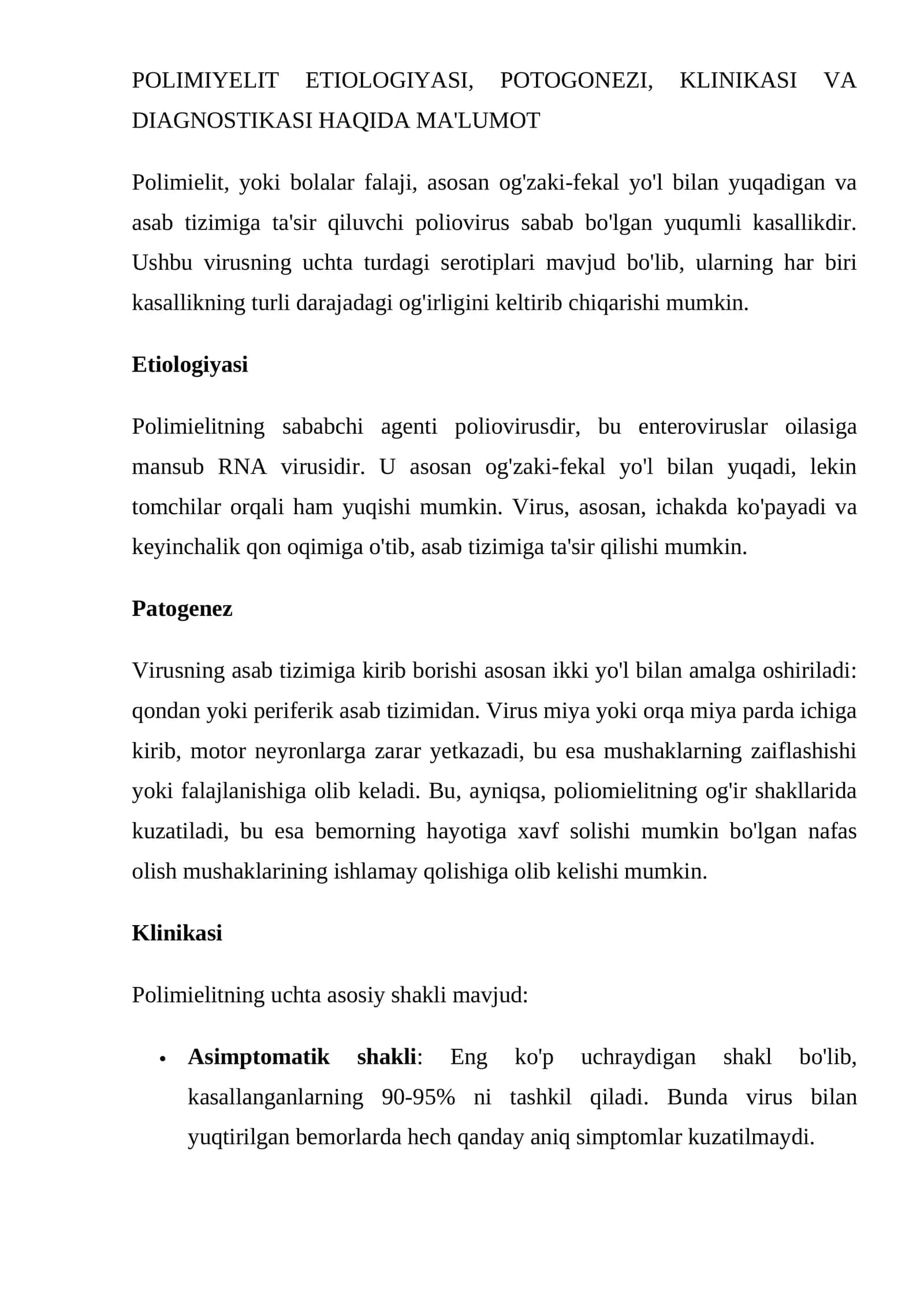 POLIMIYELIT ETIOLOGIYASI, POTOGONEZI, KLINIKASI VA DIAGNOSTIKASI HAQIDA MA'LUMOT