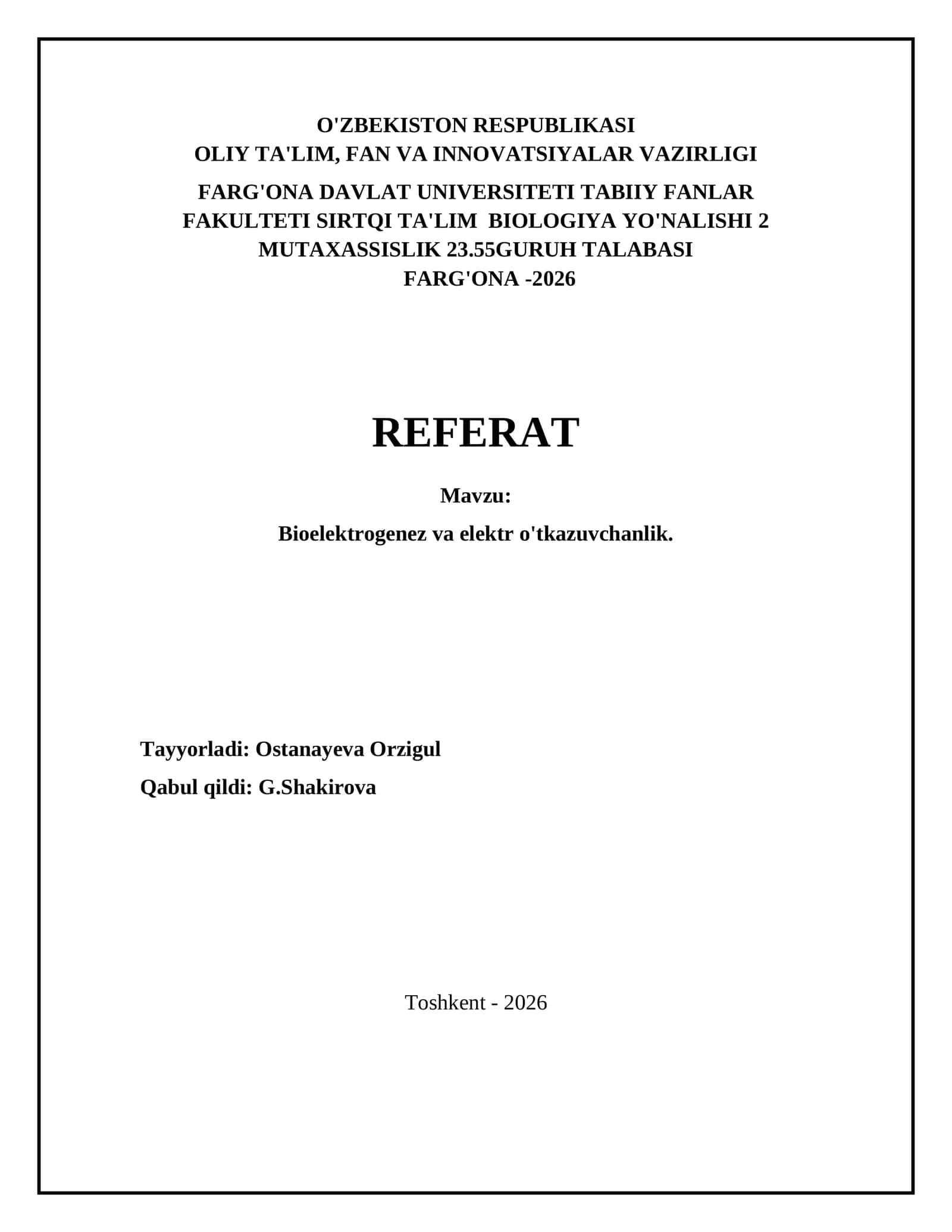 Bioelektrogenez va elektr o'tkazuvchanlik