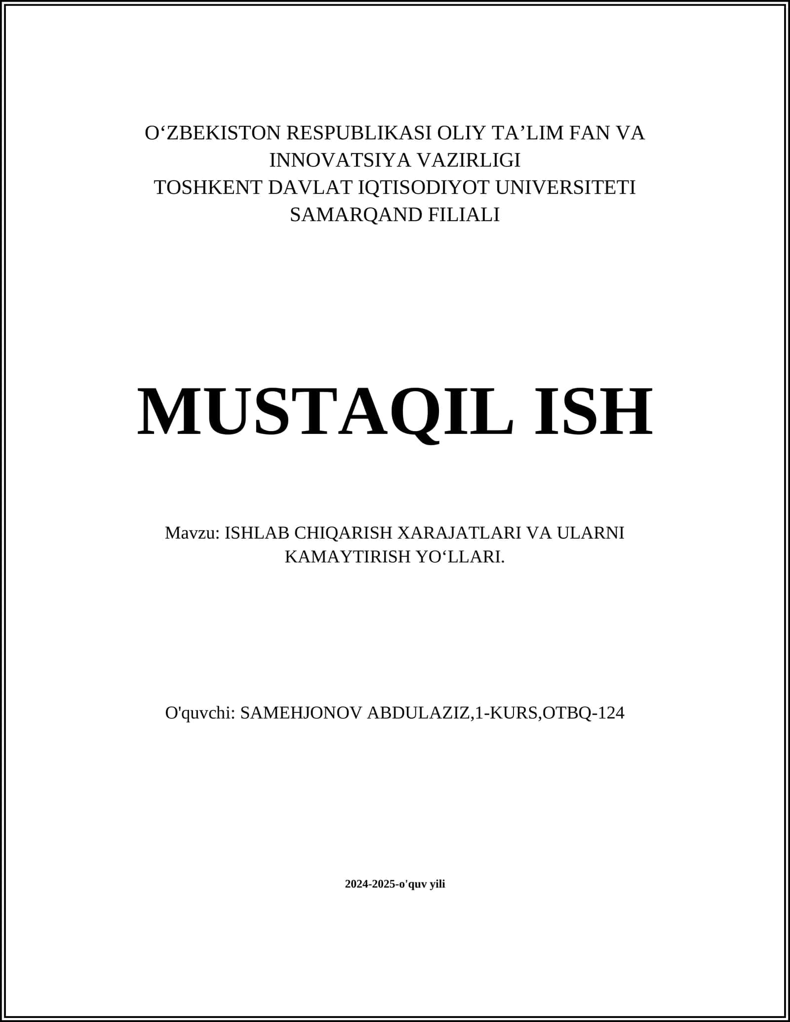 ISHLAB CHIQARISH TANNARXINI TAHLIL QILISH
