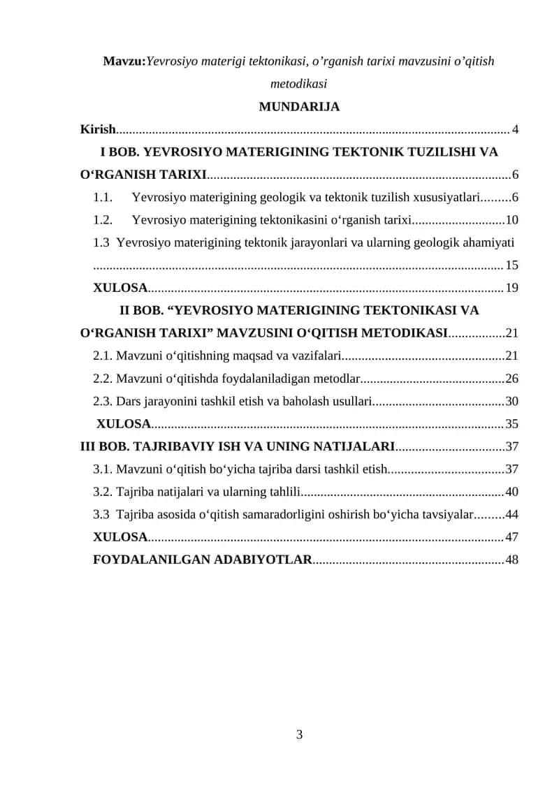 Yevrosiyo materigi tektonikasi, o’rganish tarixi mavzusini o’qitish metodikasi